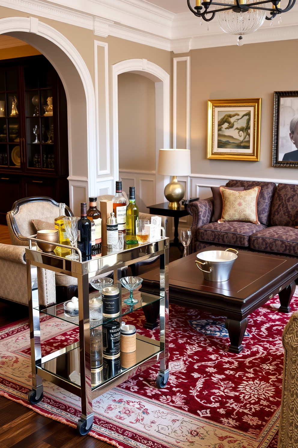 A traditional living room features a classic coffee table adorned with a stack of beautifully bound books. The warm wood tones of the table complement the rich upholstery of the surrounding furniture, creating an inviting and cozy atmosphere.