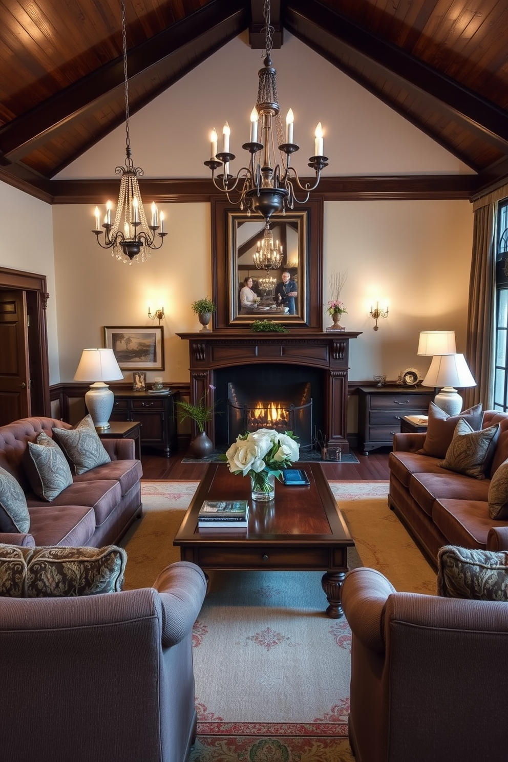 A traditional living room filled with lush indoor plants creates a vibrant and inviting atmosphere. The room features a classic sofa upholstered in rich fabric, complemented by an ornate coffee table and elegant drapes framing the windows. In one corner, a tall leafy plant adds height and life, while smaller potted plants are arranged on the mantle and side tables. The warm color palette includes deep reds and earthy browns, enhancing the cozy and welcoming feel of the space.