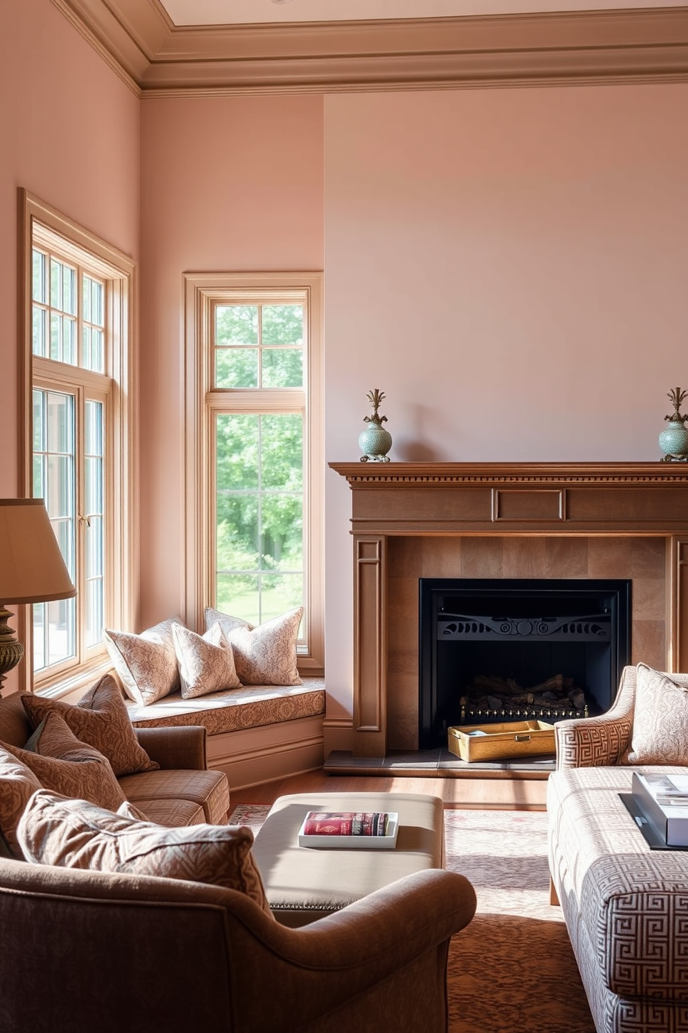 A vintage-inspired area rug with intricate patterns lies at the center of a traditional living room. The rug features rich colors that complement the classic furniture pieces, creating a warm and inviting atmosphere. The living room is adorned with elegant drapes and a cozy fireplace that enhances the vintage charm. Plush seating arrangements are strategically placed around the room, inviting relaxation and conversation.