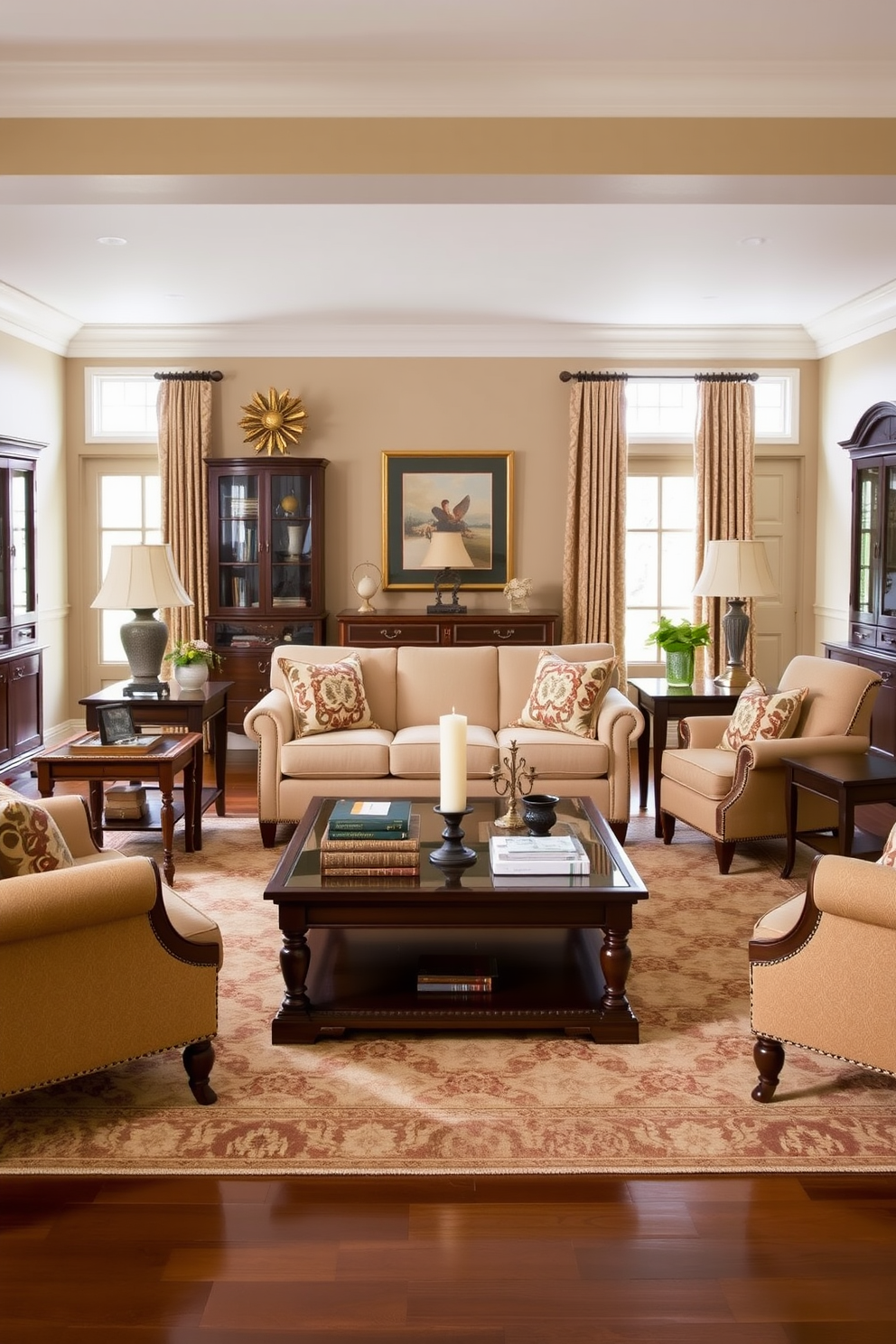 A traditional living room featuring a neutral color palette complemented by warm accents. The space includes a plush beige sofa adorned with patterned throw pillows and a rich mahogany coffee table at the center. On one side, a vintage armchair upholstered in a warm fabric invites relaxation, while a handwoven area rug adds texture to the hardwood floor. The walls are decorated with framed artwork in soft tones, and a classic chandelier hangs from the ceiling, casting a warm glow throughout the room.