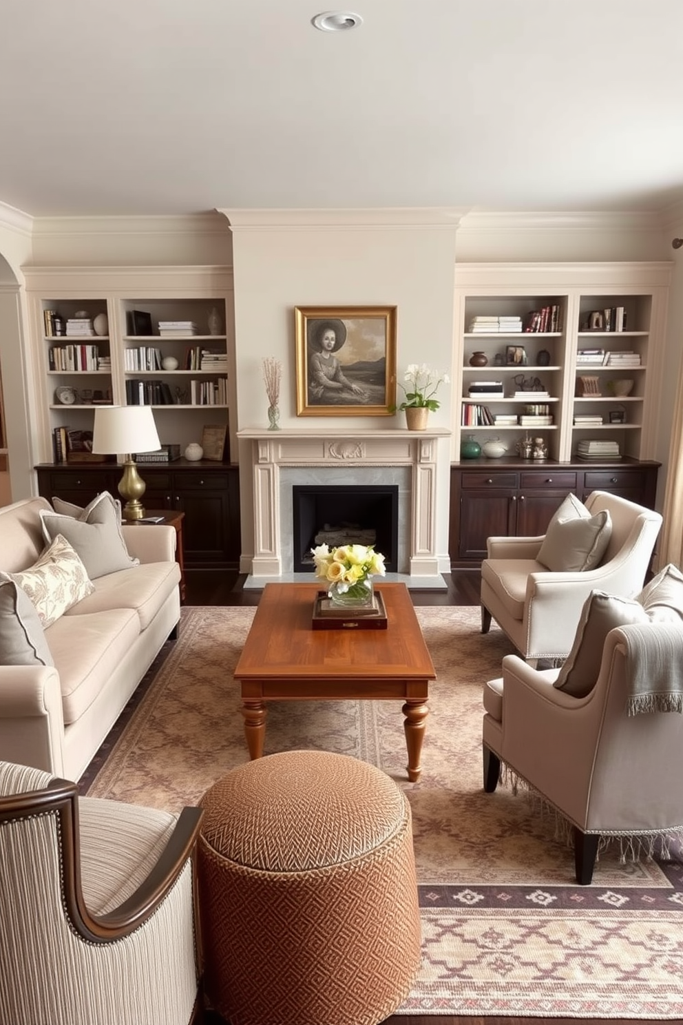 A traditional living room featuring a symmetrical layout with a grand fireplace as the focal point. On either side of the fireplace, there are matching armchairs upholstered in rich fabric, complemented by a large area rug that anchors the seating arrangement. The walls are adorned with elegant wallpaper, and framed artwork is evenly spaced to maintain balance. A classic coffee table sits in the center, surrounded by a comfortable sofa and decorative throw pillows that enhance the cozy atmosphere.