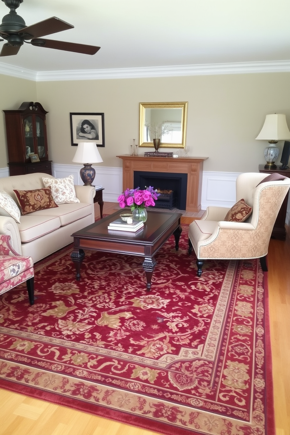 A cozy traditional living room features a large area rug that beautifully defines the seating arrangement. The rug is adorned with intricate patterns in warm colors, complementing the classic furniture pieces arranged around it.