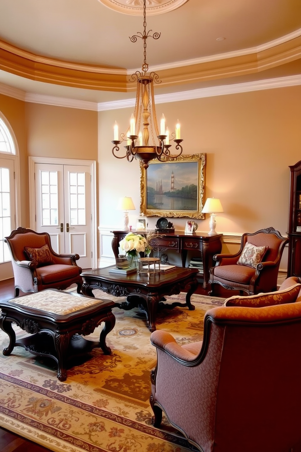 Antique coffee table with ornate details. The table features intricate carvings and a rich mahogany finish that adds elegance to the space. Surrounding the table are plush, upholstered armchairs in a warm, muted color palette. The room is adorned with classic artwork and a large area rug that complements the overall traditional aesthetic.