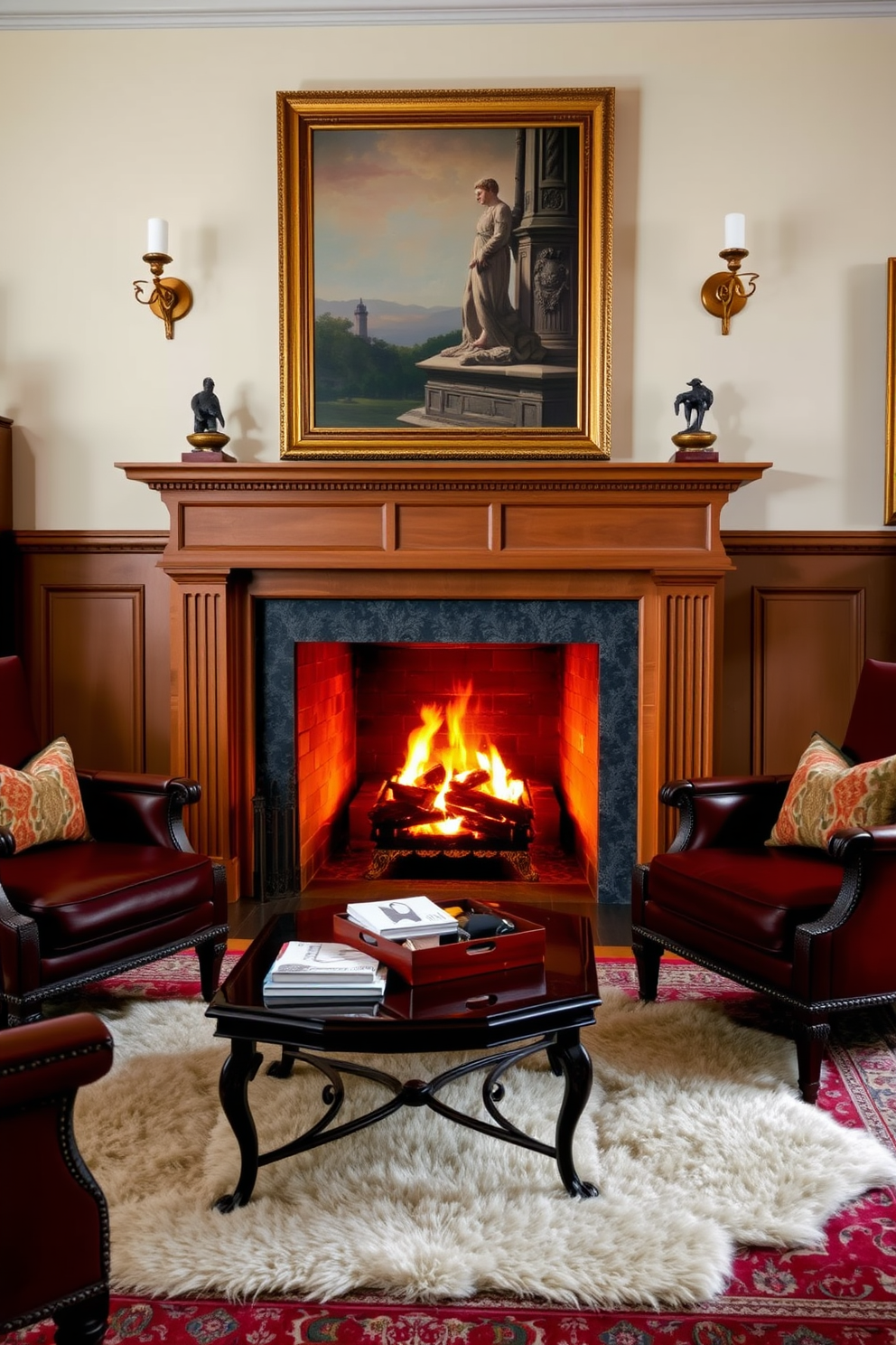 A traditional living room featuring wall-mounted artwork in ornate wooden frames. The space is adorned with rich fabrics, a classic sofa, and a vintage coffee table that complements the overall aesthetic.