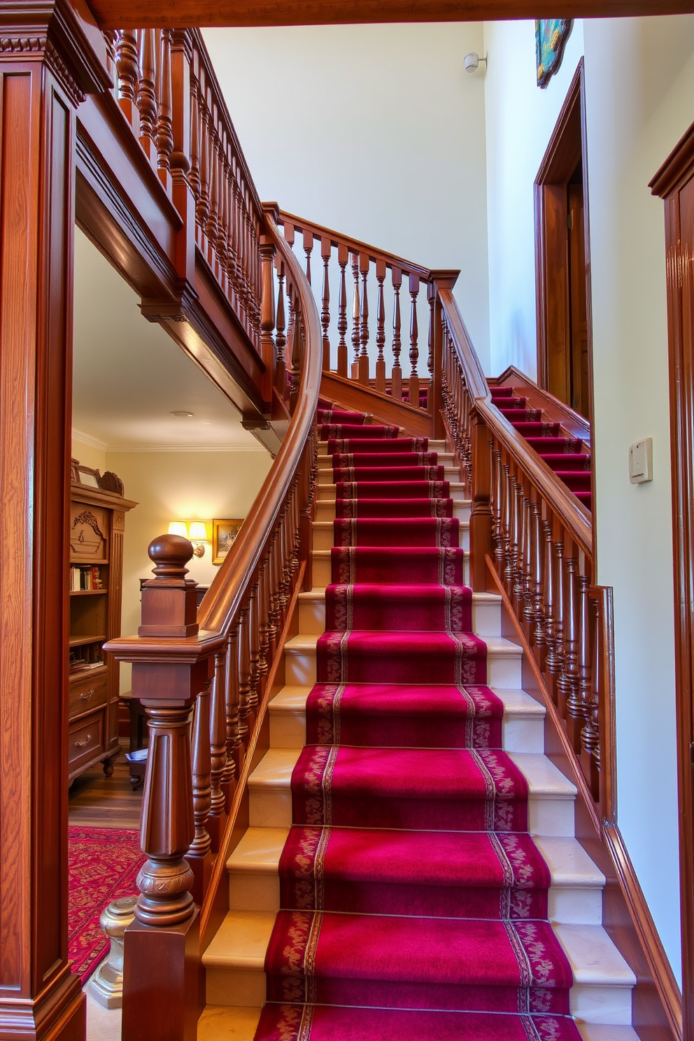 Elegant curved wooden railings create a warm and inviting atmosphere in a traditional staircase design. The rich wood finish contrasts beautifully with the soft, neutral wall color, enhancing the overall elegance of the space.