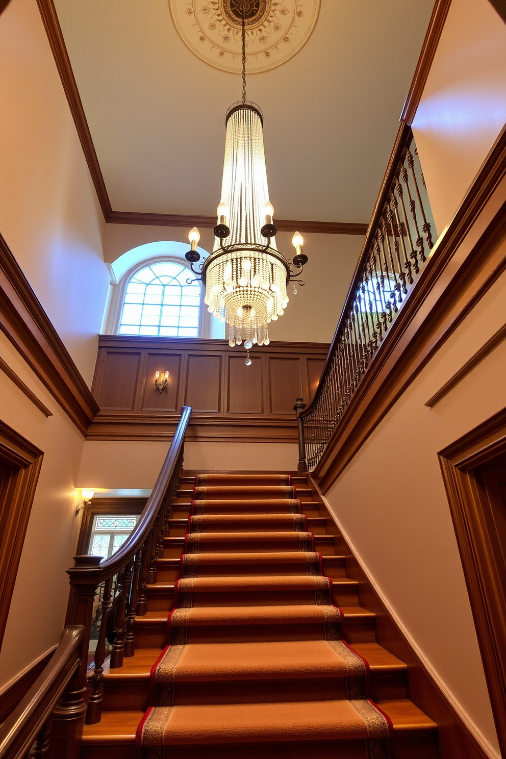 A traditional staircase featuring detailed newel posts as focal points creates an inviting atmosphere. The newel posts are intricately carved with ornate designs, complementing the elegant handrail that curves gracefully along the staircase. Rich wooden treads and risers enhance the classic look, while a soft runner adds warmth and texture. The surrounding walls are adorned with tasteful artwork, and a chandelier hangs above, illuminating the space beautifully.