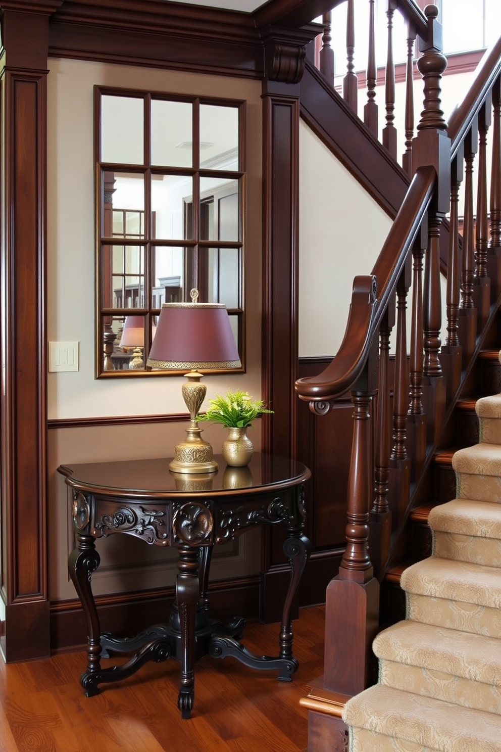 A traditional staircase with painted risers showcasing artistic designs that reflect a blend of elegance and creativity. The wood banister is polished to a shine, complementing the intricate patterns on each riser, creating a stunning visual impact as one ascends the stairs.