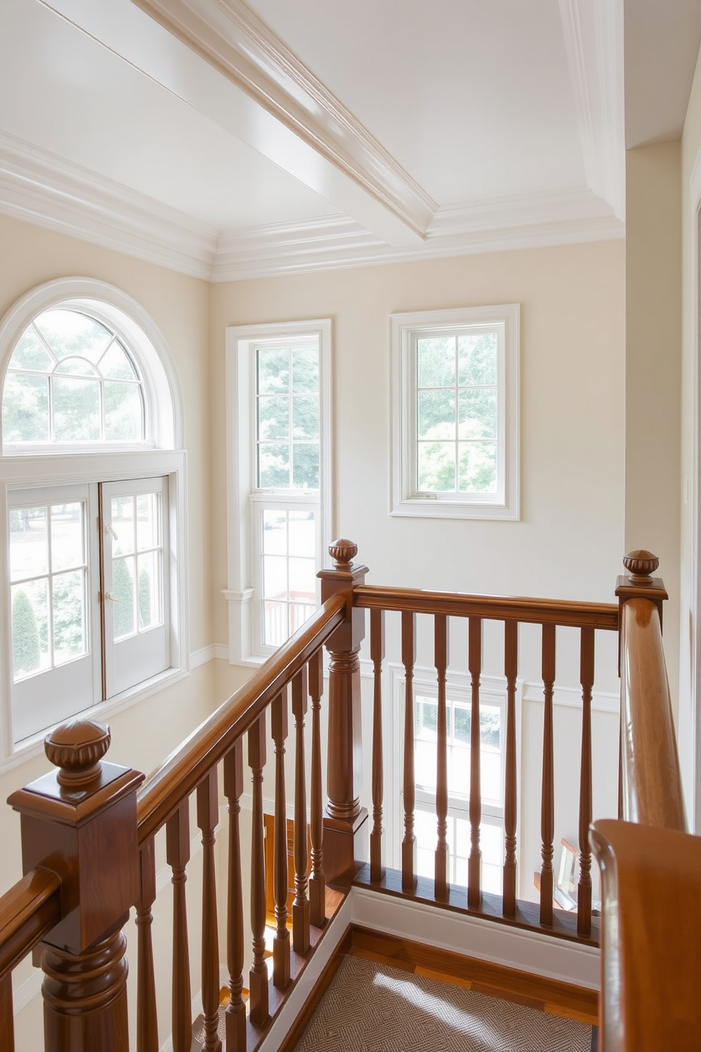 A traditional staircase with elegant wooden steps and a polished handrail. The balustrades are made of clear glass panels that enhance the open and airy atmosphere of the space.