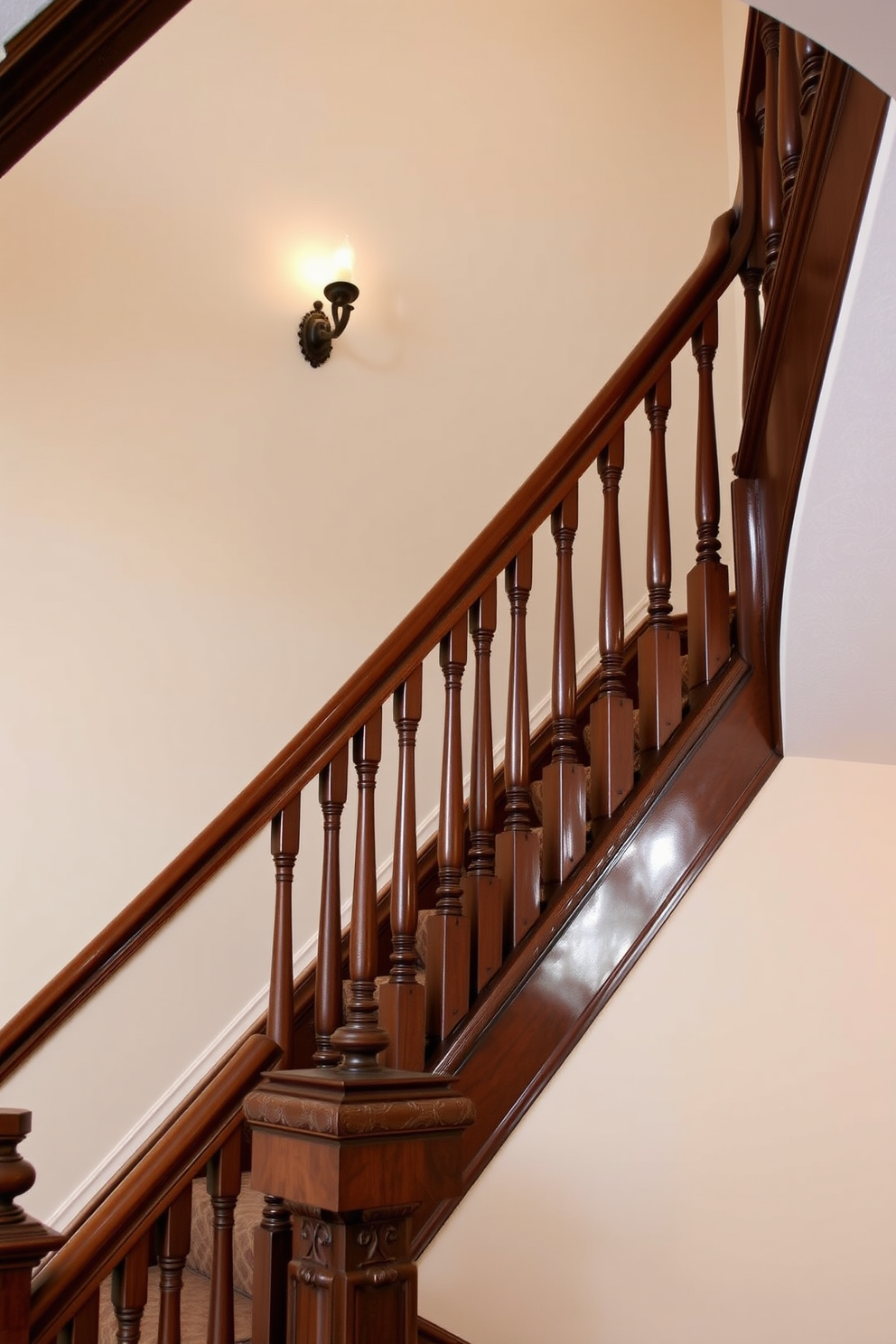 A traditional staircase with elegant wooden railings and intricate balusters. Wall-mounted sconces are placed strategically along the staircase, casting a warm and inviting glow.