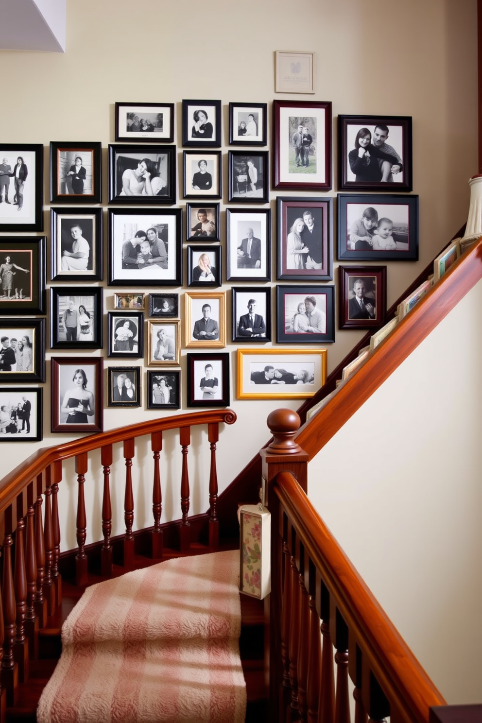 A gallery wall showcasing family photos filled with a mix of framed black and white and colored images. The arrangement is eclectic, with varying frame styles and sizes creating a warm and inviting atmosphere. Traditional staircase design ideas featuring rich wooden banisters and intricate spindles. The steps are covered in a plush runner that complements the surrounding decor, enhancing the home's classic charm.