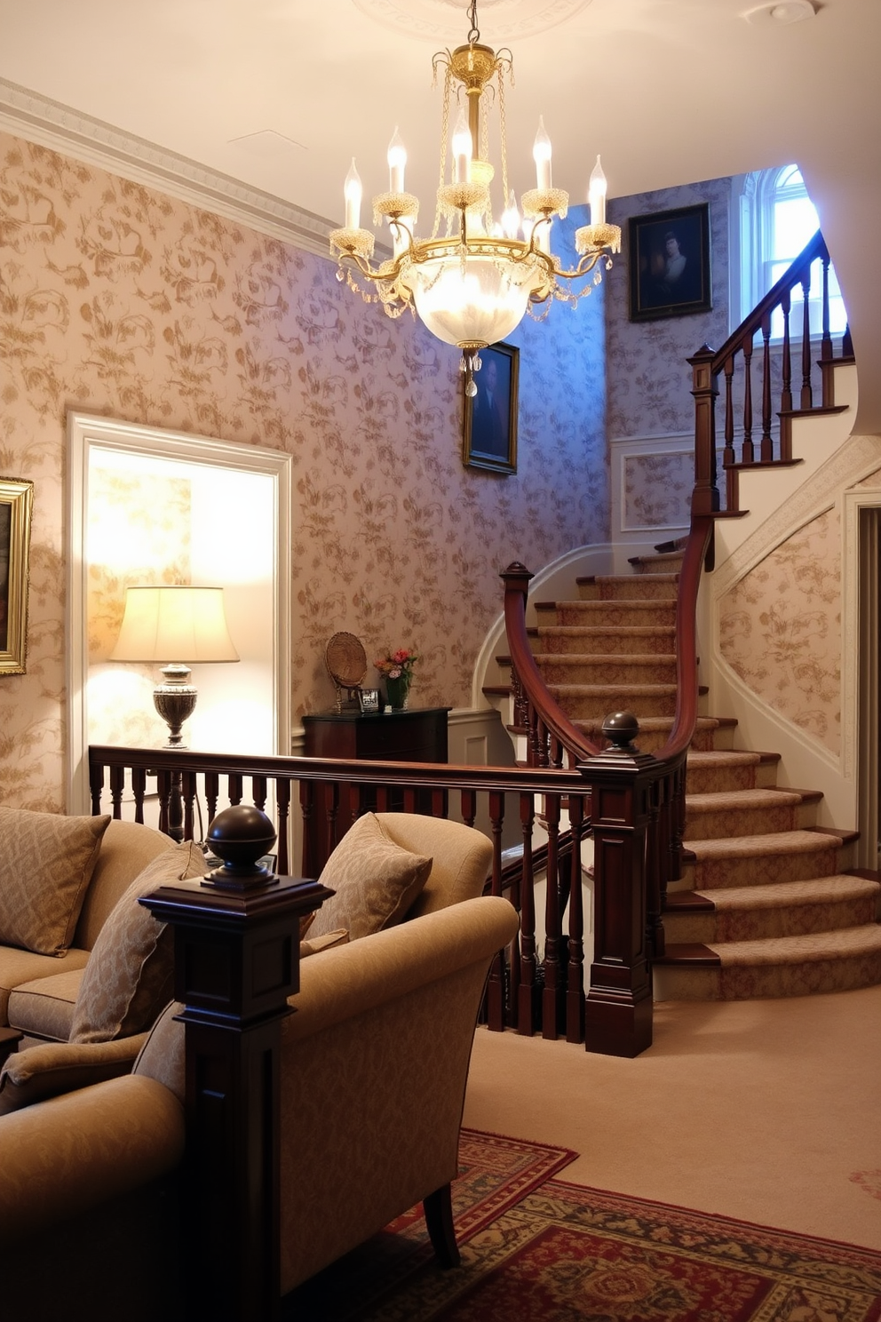 A cozy living room adorned with traditional wallpaper featuring intricate floral patterns. The wallpaper showcases soft pastel colors that complement the elegant furnishings, creating a warm and inviting atmosphere. A grand staircase designed with classic wooden balusters and a polished handrail. The staircase is illuminated by a stunning chandelier, enhancing the traditional elegance of the space.