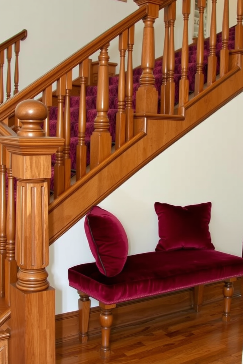 Luxurious velvet upholstery adorns a beautifully crafted staircase bench, inviting comfort and elegance. The staircase features intricate wooden banisters and a polished hardwood finish, creating a warm and inviting atmosphere. Richly colored velvet cushions add a touch of sophistication, while the bench itself is designed to complement the overall aesthetic of the home. Soft lighting highlights the textures and details of the staircase, enhancing its traditional charm.