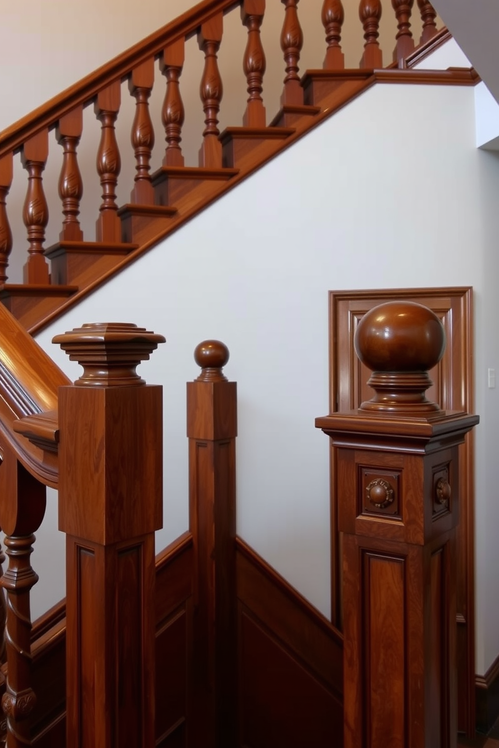 A traditional staircase featuring detailed woodwork on the risers showcases exquisite craftsmanship and elegance. The balustrade is adorned with intricate carvings, complementing the rich wood tones of the staircase.