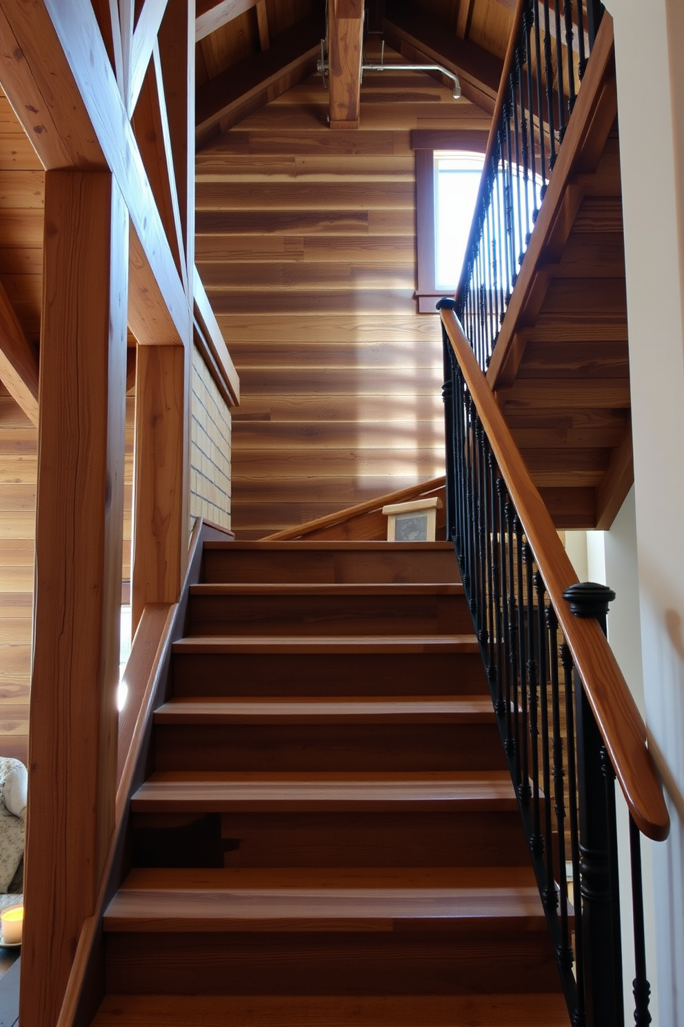 A rustic wooden staircase features exposed beams that highlight its natural charm. The treads are made of reclaimed wood, showcasing a rich texture and warm tones. The balusters are crafted from wrought iron, adding an elegant contrast to the rustic elements. Soft lighting illuminates the staircase, creating a welcoming ambiance that invites you to ascend.