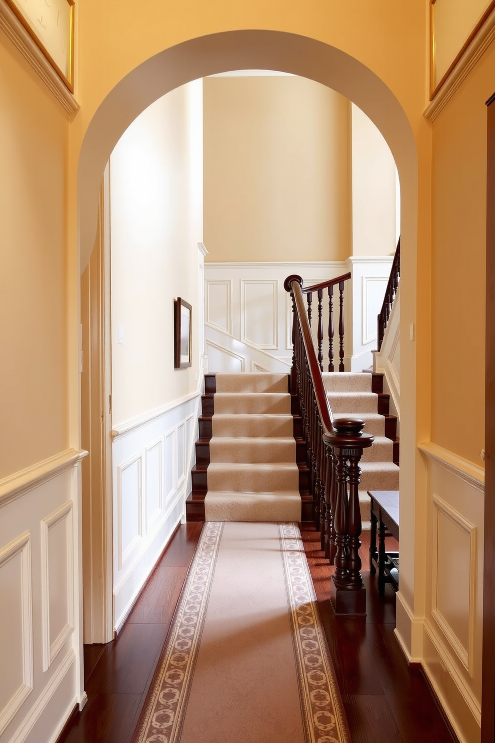 An elegant archway frames the entrance to a grand staircase. The staircase features intricately carved wooden balusters and a rich mahogany handrail that complements the warm tones of the surrounding space. The walls are adorned with classic wainscoting, painted in a soft cream color. A beautiful runner rug in muted tones adds a touch of sophistication while guiding guests up the stairs.