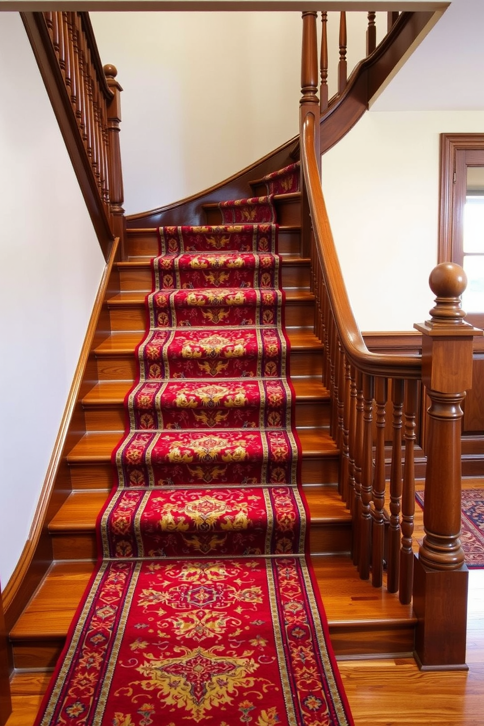 A classic runner rug in rich colors adorns the wooden staircase, adding warmth and elegance to the space. The intricate patterns of the rug complement the traditional design of the staircase, which features ornate balusters and a polished handrail. The staircase is framed by soft, ambient lighting that highlights the beauty of the runner rug. Rich hues of red, gold, and blue in the rug create a striking contrast against the neutral tones of the walls and the natural wood of the stairs.