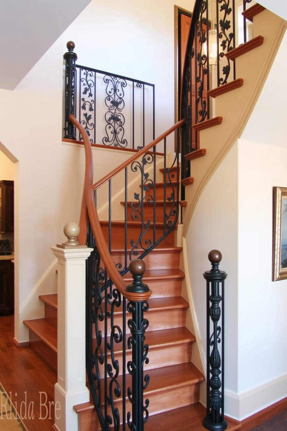 A traditional staircase design featuring an elegant iron railing with intricate ornate detailing. The staircase is adorned with rich wooden steps and a warm, inviting color palette that complements the surrounding decor.