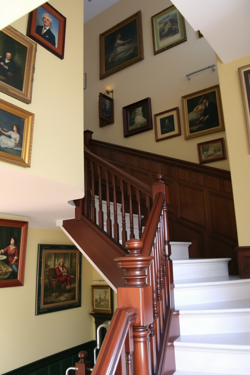 A traditional staircase features elegant wooden railings and a polished banister. Vintage artwork is hung at various heights along the walls, creating a gallery feel that enhances the charm of the space.