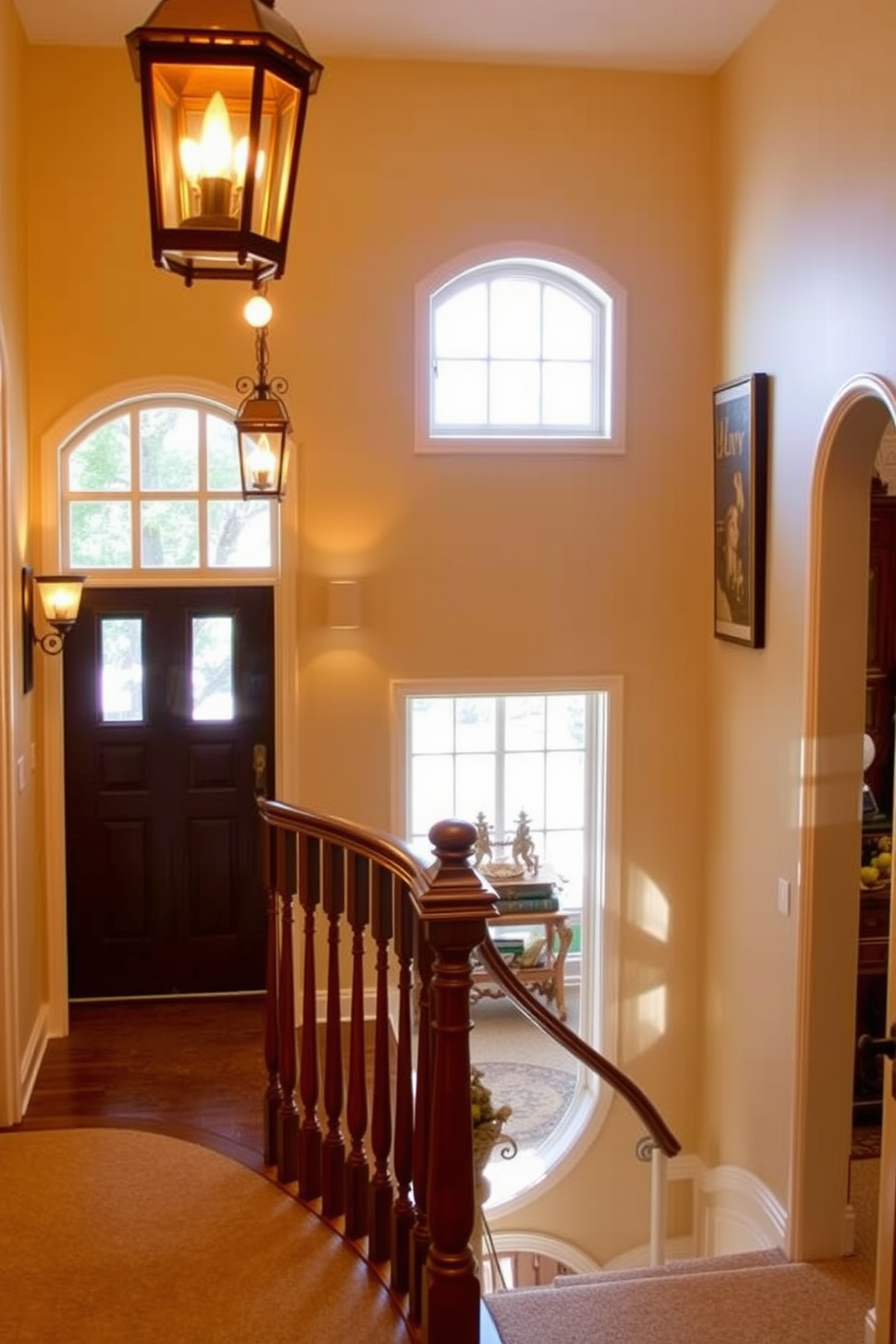 A cozy entryway illuminated by traditional lantern style lighting fixtures. The warm glow from the lanterns casts inviting shadows on the walls, enhancing the classic charm of the space. An elegant staircase featuring intricate wooden balusters and a polished handrail. The staircase curves gracefully, leading to a beautifully designed landing area adorned with vintage decor.