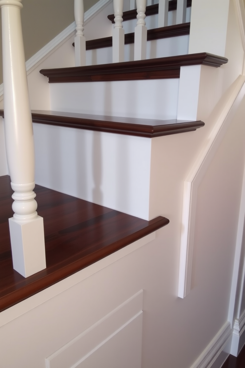 A traditional staircase with dark wood treads and risers is elegantly framed by crisp white trim. The balusters are intricately designed, adding a touch of sophistication to the overall aesthetic.