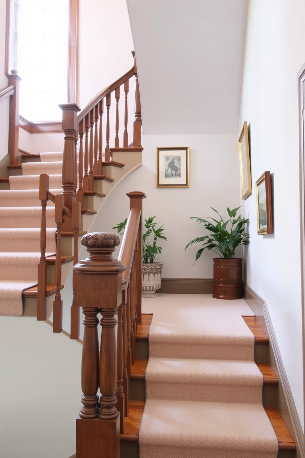 A traditional staircase design featuring soft pastel colors that create a calming atmosphere. The staircase has elegant wooden railings and a plush runner that adds warmth to the space. The walls are adorned with subtle pastel shades, enhancing the overall tranquility of the environment. Decorative elements like framed artwork and potted plants are strategically placed along the staircase to add charm.