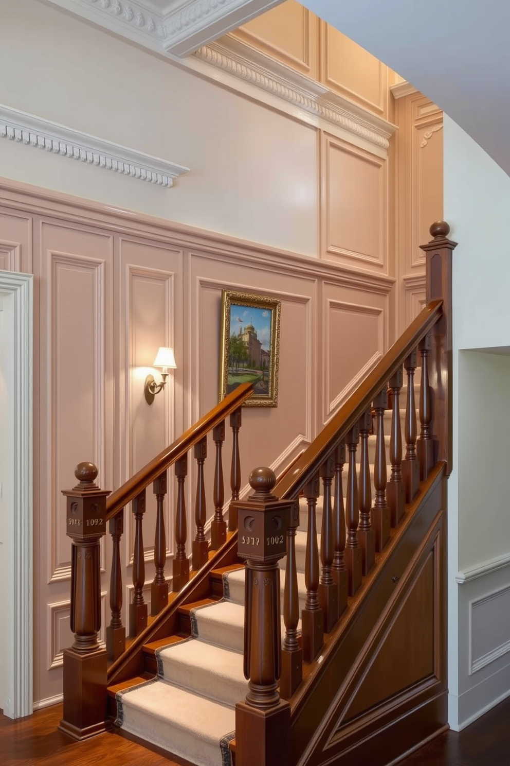 A stunning custom staircase designed for a grand foyer. The staircase features elegant wooden railings and a curved design that complements the high ceilings of the space. Traditional staircase design ideas incorporate classic balusters and intricate woodwork. The steps are adorned with a rich carpet runner that adds warmth and sophistication to the overall aesthetic.