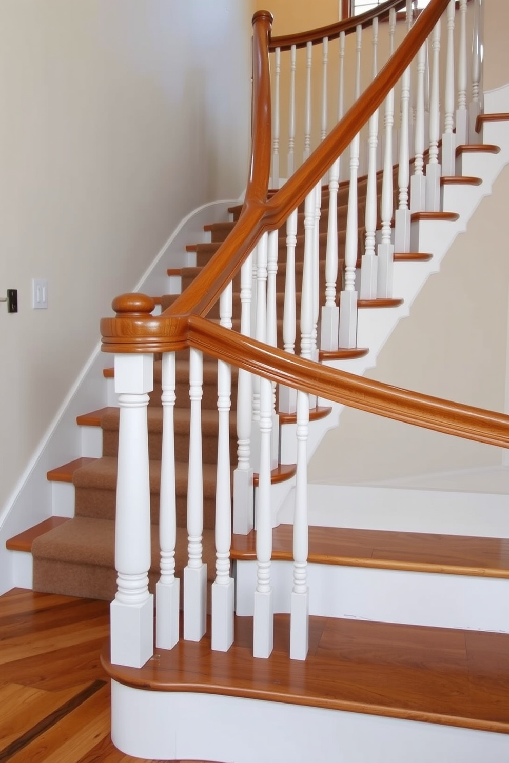 A simple yet elegant staircase design features a sleek wooden handrail complemented by white spindles. The steps are finished in a rich oak, creating a warm and inviting atmosphere that enhances the overall aesthetic of the home. Traditional staircase design ideas incorporate ornate balusters and a curved handrail that adds character and charm. The staircase is adorned with a plush runner that ties together the color scheme of the surrounding space.