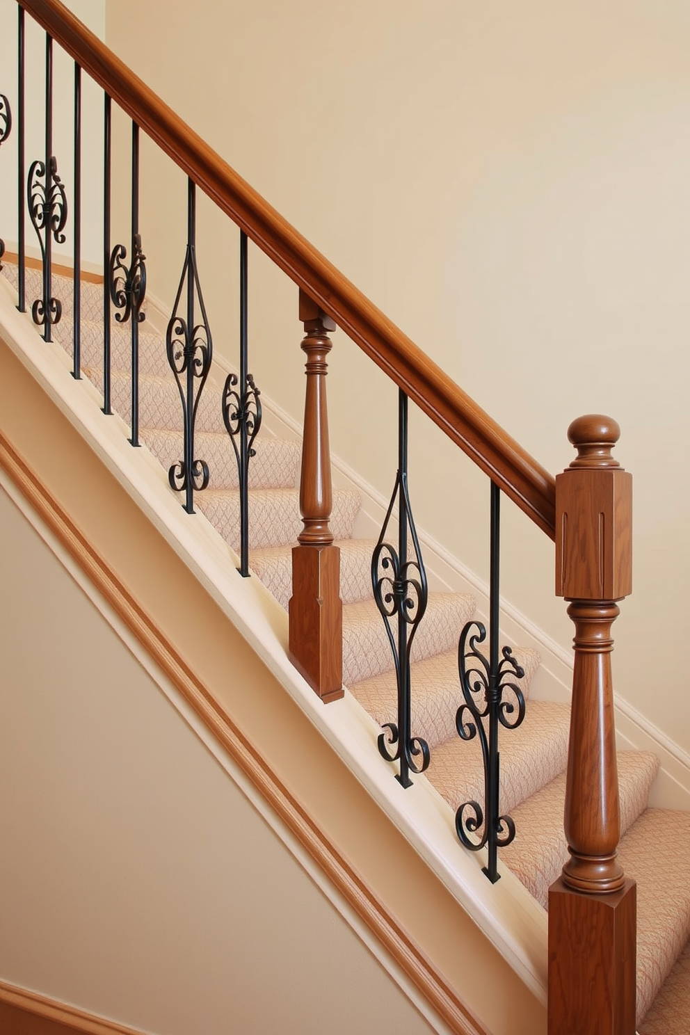 Rich mahogany steps with brass accents create an elegant and timeless look. The staircase features intricate balustrades and a plush runner that adds warmth and texture. The walls are adorned with classic wainscoting painted in a soft cream color. A large chandelier hangs above, illuminating the space with a warm glow.