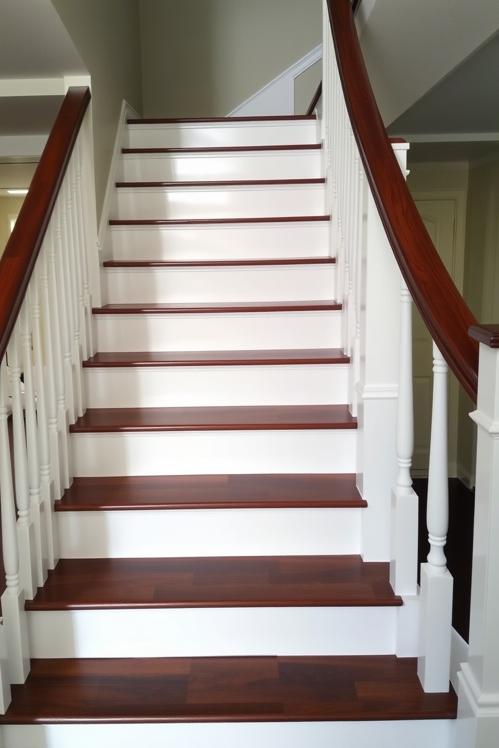 A traditional staircase design features elegant white risers that contrast beautifully with dark wooden treads. The banister is crafted from polished wood, adding a touch of sophistication to the overall aesthetic.