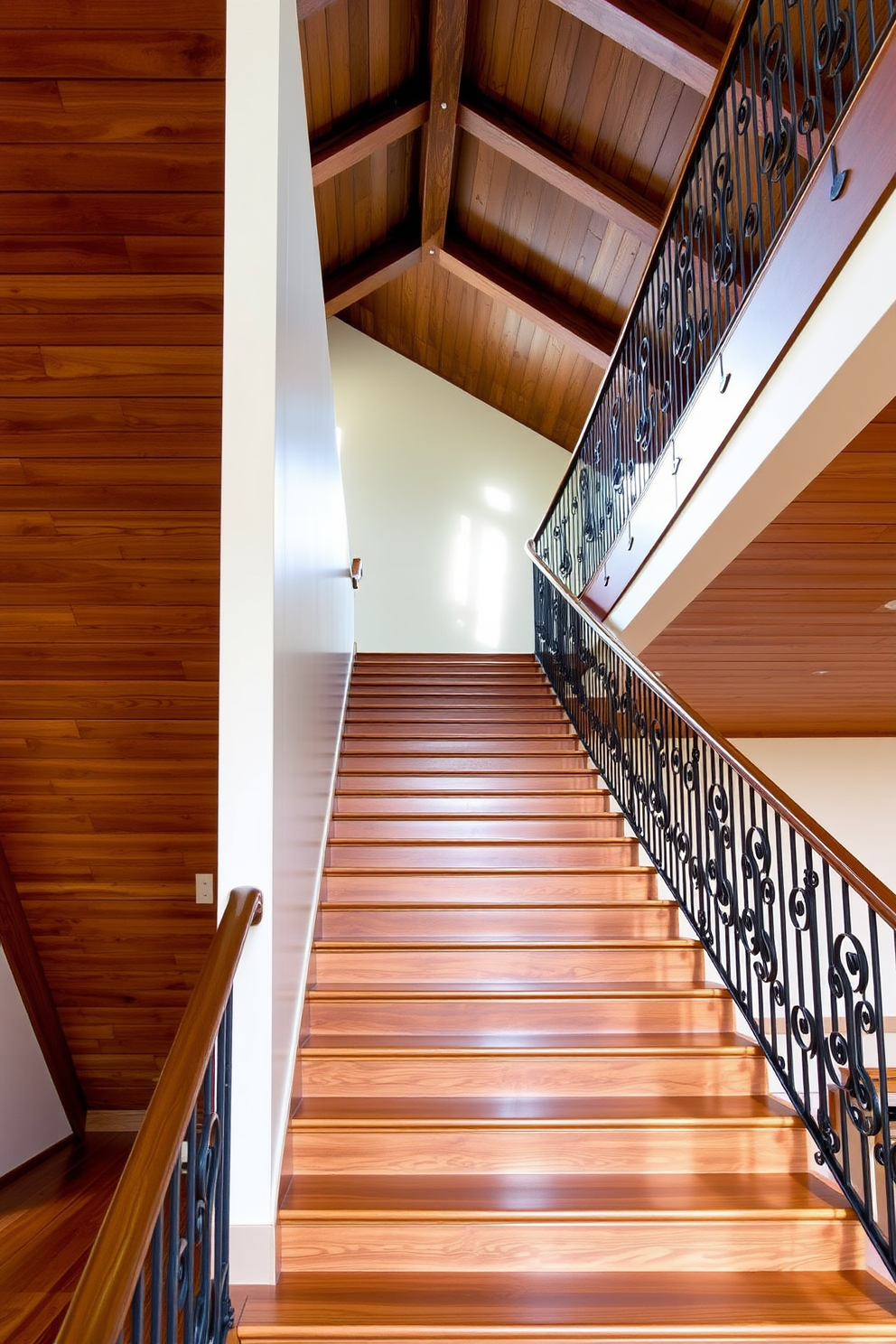 Open staircase with wooden beams above. The steps are made of rich hardwood, and the railing is crafted from wrought iron, adding elegance to the design.