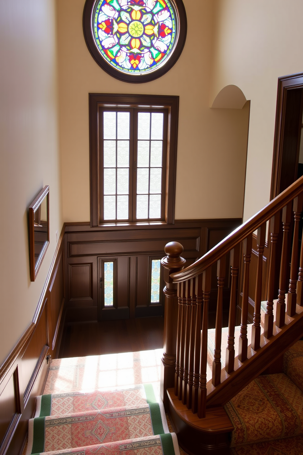 A stunning traditional staircase features a beautifully crafted wooden banister that curves gracefully along the steps. Above the landing, a vibrant stained glass window allows colorful light to filter into the space, enhancing the classic elegance of the design.