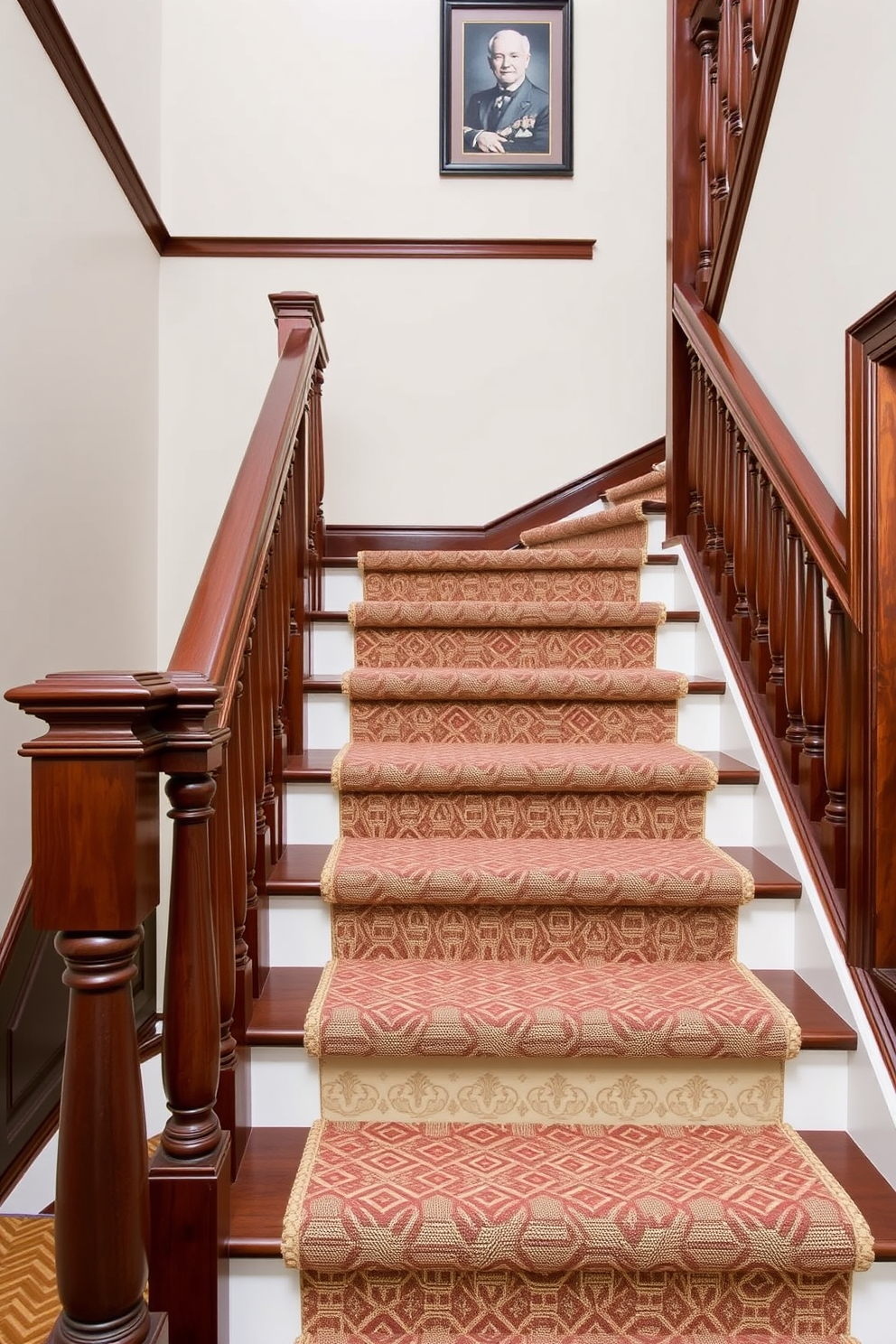 A traditional staircase adorned with vintage lanterns casting a warm glow. The wooden steps are complemented by intricate wrought iron railings, creating a timeless elegance.