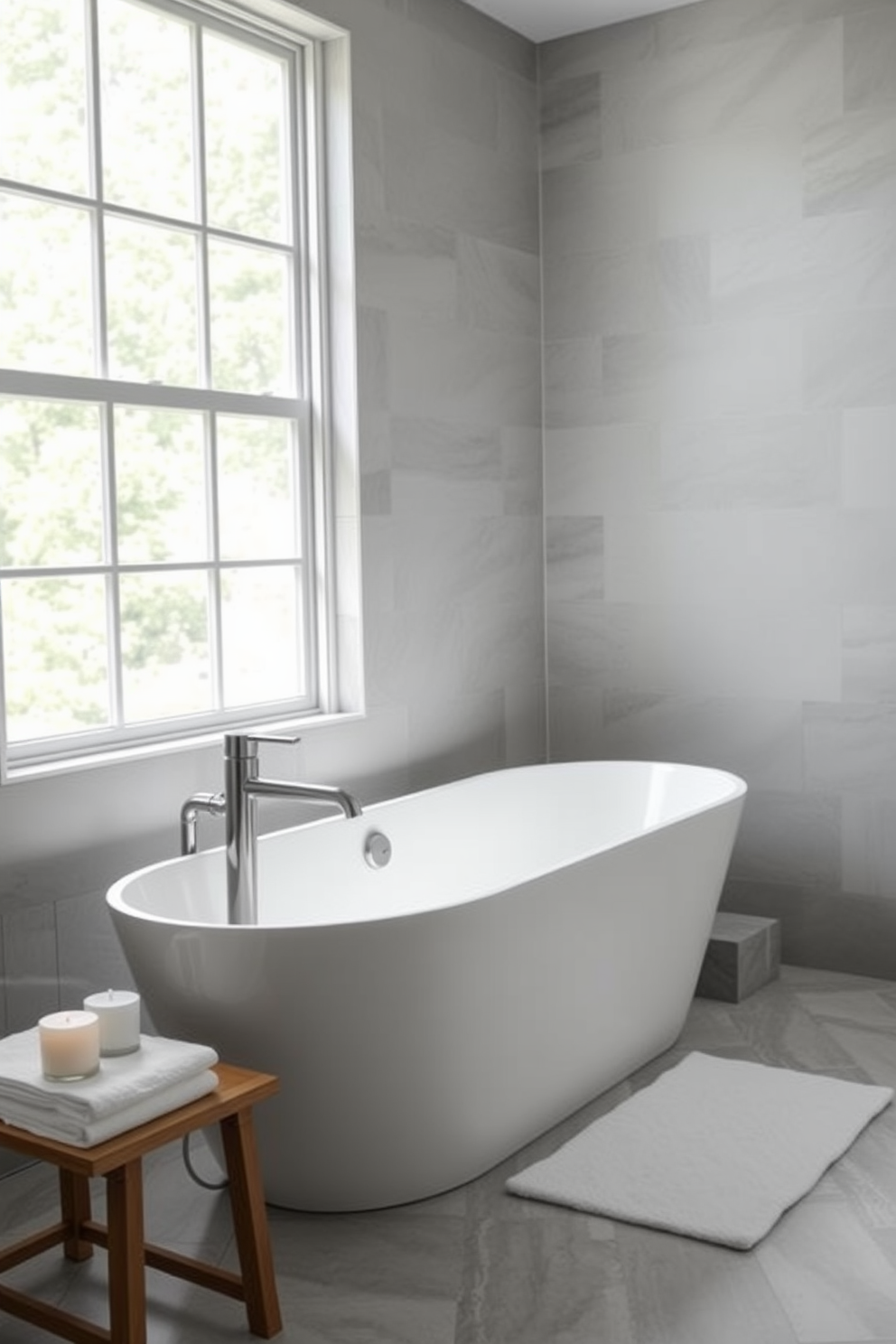 Elegant freestanding tub with modern fixtures. The tub is positioned under a large window, allowing natural light to illuminate the space. The surrounding walls are adorned with soft gray tiles that create a calming atmosphere. A sleek wooden shelf holds neatly folded towels and decorative candles nearby.