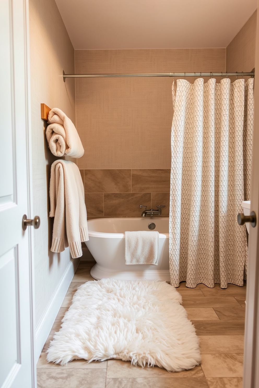 A cozy bathroom retreat featuring soft textiles and warm lighting. The space includes plush towels in neutral tones draped over a wooden towel rack and a fluffy area rug placed in front of the soaking tub. The walls are adorned with subtle wallpaper that adds texture without overwhelming the senses. A stylish shower curtain in a delicate pattern complements the overall design, creating a harmonious and inviting atmosphere.