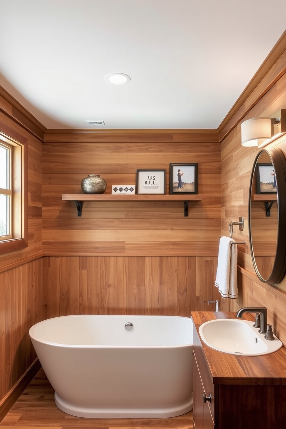 A transitional bathroom design featuring vintage-inspired accessories that add charm and character. The space includes a freestanding tub with a brushed nickel faucet and a wooden ladder displaying fluffy towels. The walls are painted in a soft cream color, complemented by a classic subway tile backsplash. A vintage-style mirror hangs above the sink, surrounded by decorative accents like a ceramic soap dish and an antique clock.