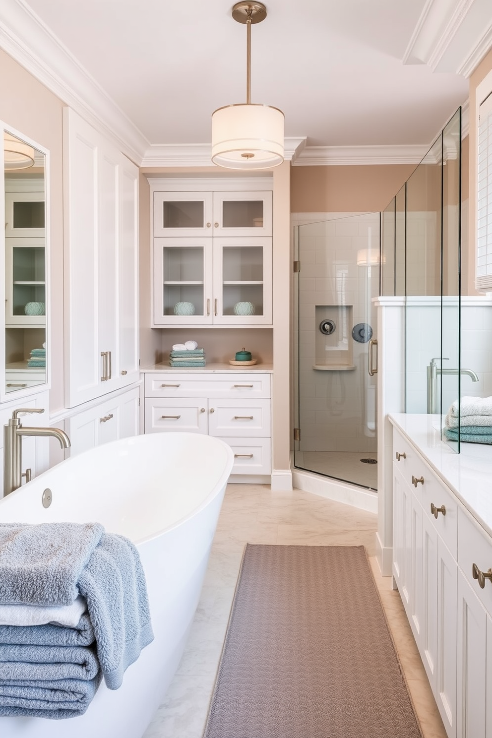 A transitional bathroom design featuring brushed nickel fixtures that enhance the polished aesthetic. The space includes a freestanding soaking tub with elegant curves and a spacious walk-in shower with glass doors. The cabinetry is a mix of white and natural wood tones, providing warmth and contrast. Soft, neutral tiles cover the floor, complemented by plush towels and decorative accents in muted blues and grays.