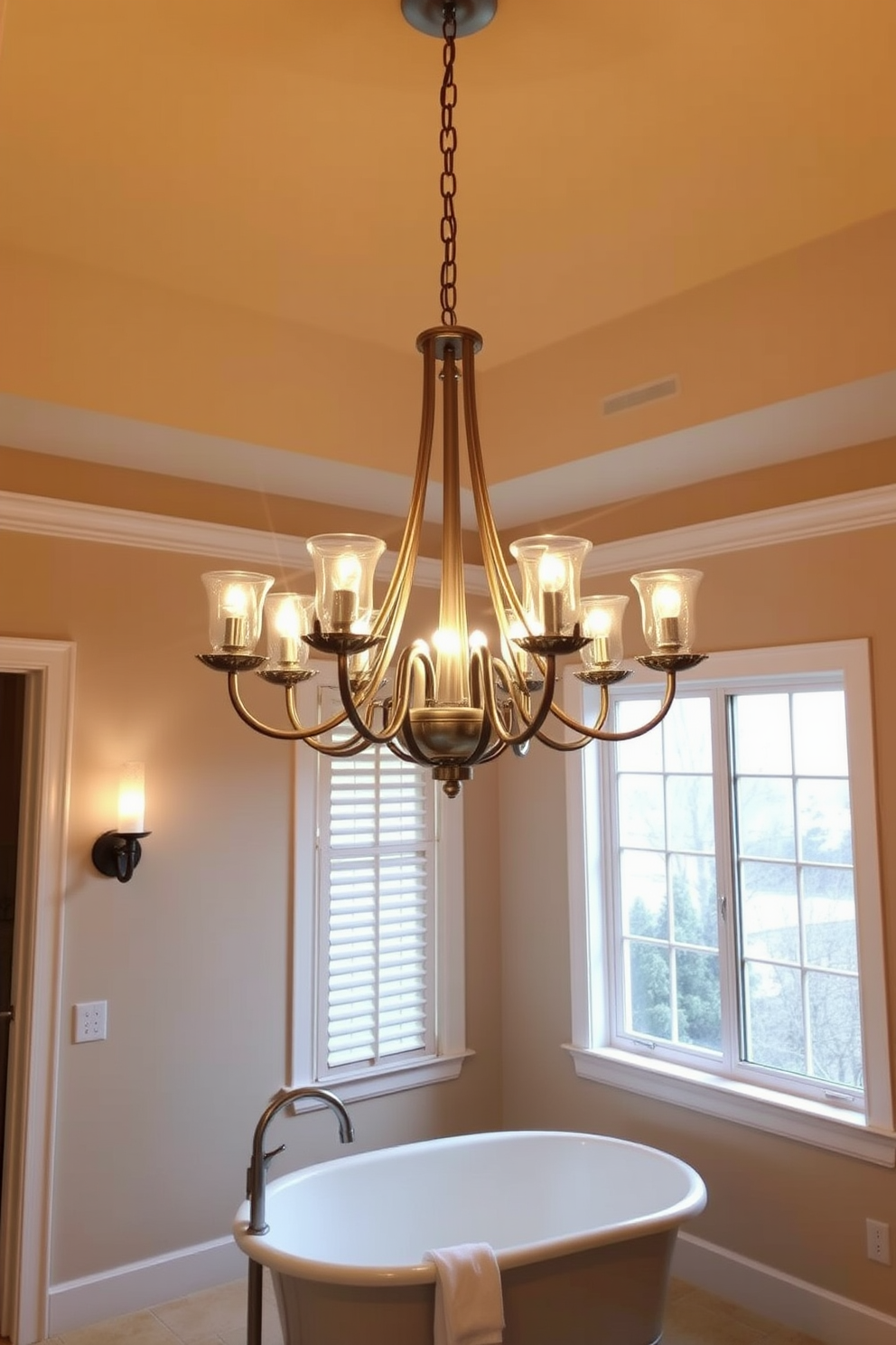 Transitional lighting fixtures with character. A stunning chandelier made of brushed nickel hangs gracefully in the center of the room, casting a warm glow that complements the soft beige walls. The bathroom features a freestanding soaking tub surrounded by elegant sconces that provide ambient lighting. A large window allows natural light to flood the space, enhancing the serene atmosphere.