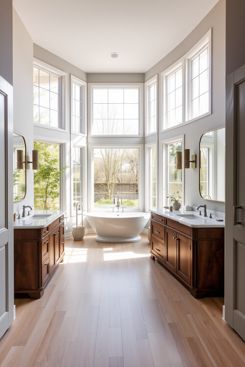 A cozy transitional bathroom features a plush area rug in soft neutral tones that adds warmth underfoot. The design incorporates elegant fixtures and a harmonious blend of modern and traditional elements for a relaxing atmosphere. In the space, a stylish freestanding tub is complemented by a chic chandelier overhead. The walls are adorned with subtle textures, and decorative accents enhance the inviting feel of the room.