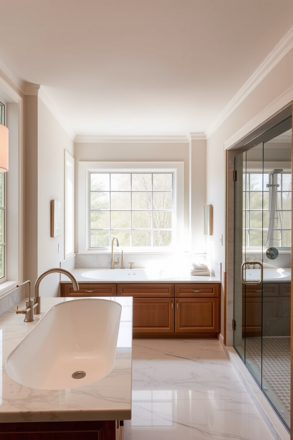 A transitional bathroom design featuring elegant marble countertops that exude timeless sophistication. The space includes a freestanding soaking tub with a brushed nickel faucet and a large window allowing natural light to illuminate the room. Soft neutral tones dominate the walls, complemented by warm wood cabinetry that adds a touch of warmth. A spacious walk-in shower with glass doors showcases modern fixtures and a rainfall showerhead for a luxurious experience.