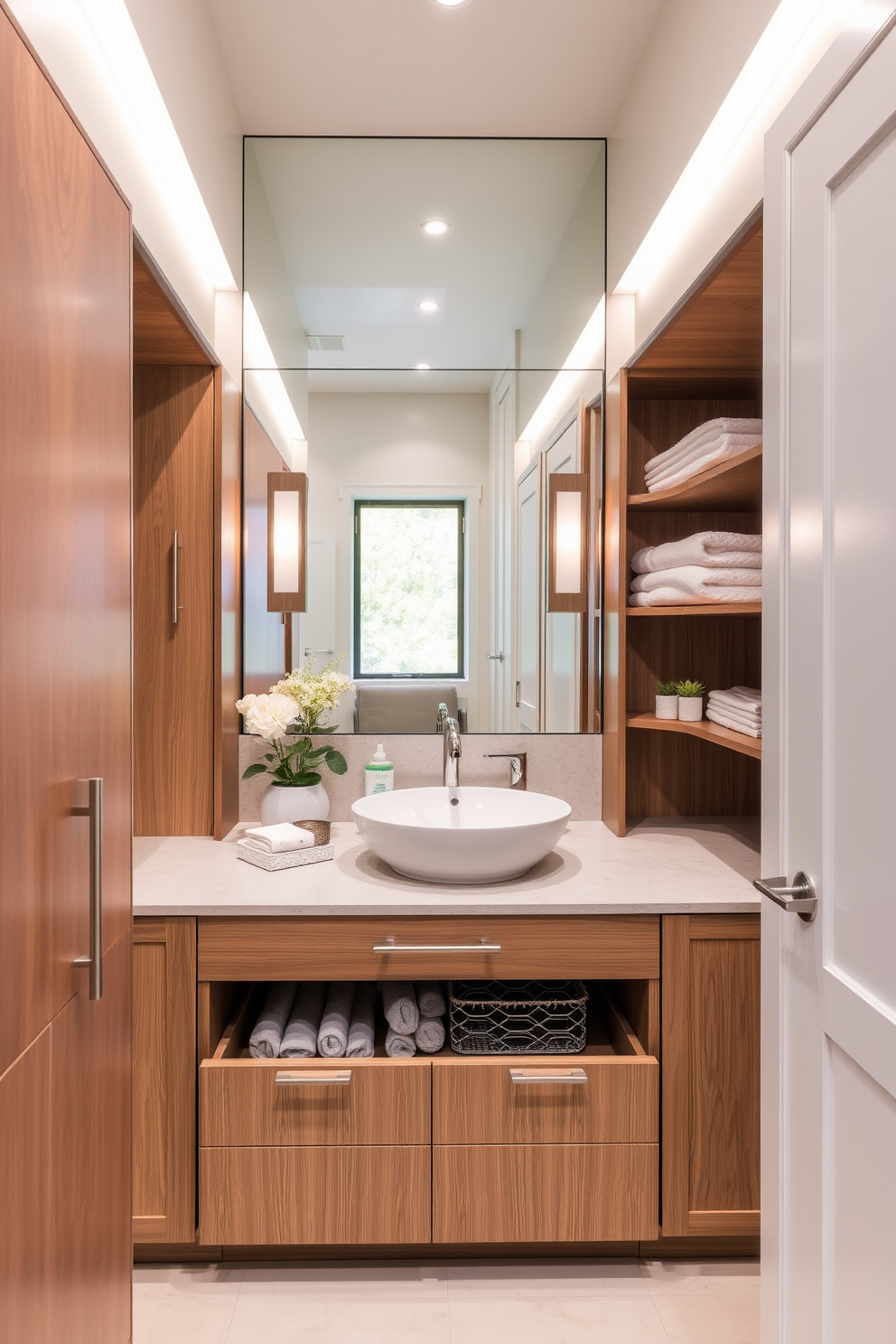 A stylish transitional bathroom design that maximizes space through integrated storage solutions. The cabinetry features sleek lines and soft-close drawers, seamlessly blending functionality with aesthetics. The color palette includes soft neutrals with accents of warm wood tones. A large mirror above the sink enhances the sense of space while providing ample storage below.