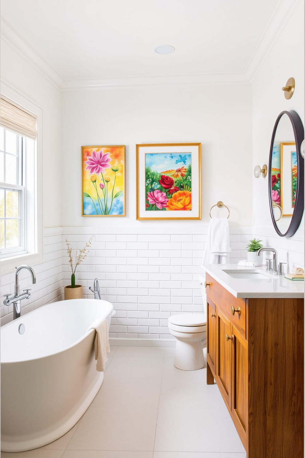 A bright and inviting bathroom featuring colorful artwork that adds a personal touch to the space. The walls are adorned with vibrant paintings that contrast beautifully with the neutral tones of the fixtures and cabinetry. The design incorporates transitional elements, blending modern and traditional styles seamlessly. Features include a sleek freestanding tub paired with classic subway tile and a warm wood vanity that enhances the overall aesthetic.