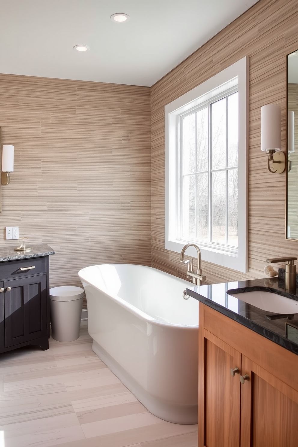 Textured wall panels create a striking visual depth in a transitional bathroom design. The space features a blend of modern and traditional elements, with a freestanding tub positioned under a large window, allowing natural light to flood the room. The cabinetry is a mix of painted finishes and natural wood, complementing the textured wall panels. Elegant fixtures in brushed nickel add a contemporary touch to the overall aesthetic.