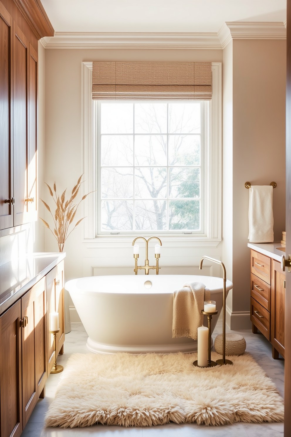 A serene bathroom space featuring a neutral color palette enhanced by warm accents. The walls are painted in a soft beige, complemented by wooden cabinetry and brushed gold fixtures. The freestanding bathtub is surrounded by elegant candles and a plush beige rug. A large window allows natural light to flood the room, highlighting the subtle textures of the decor.