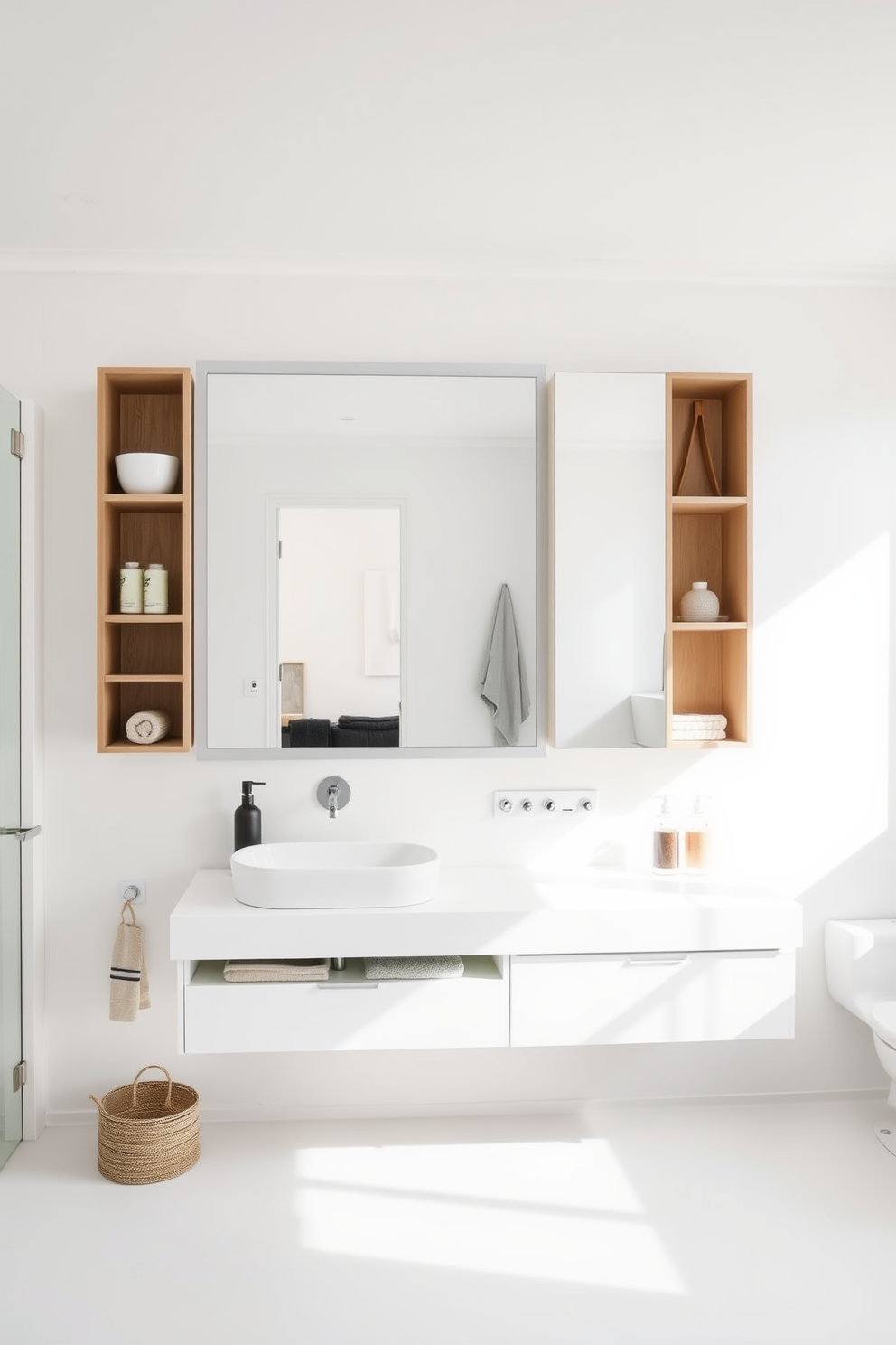 A serene minimalist bathroom featuring clean lines and functional accessories. The space includes a floating vanity with a sleek sink and a large frameless mirror that reflects natural light. The walls are painted in a soft white tone, creating an airy feel. Simple yet stylish storage solutions, such as open shelves and discreet cabinets, enhance the room's functionality while maintaining a clutter-free aesthetic.