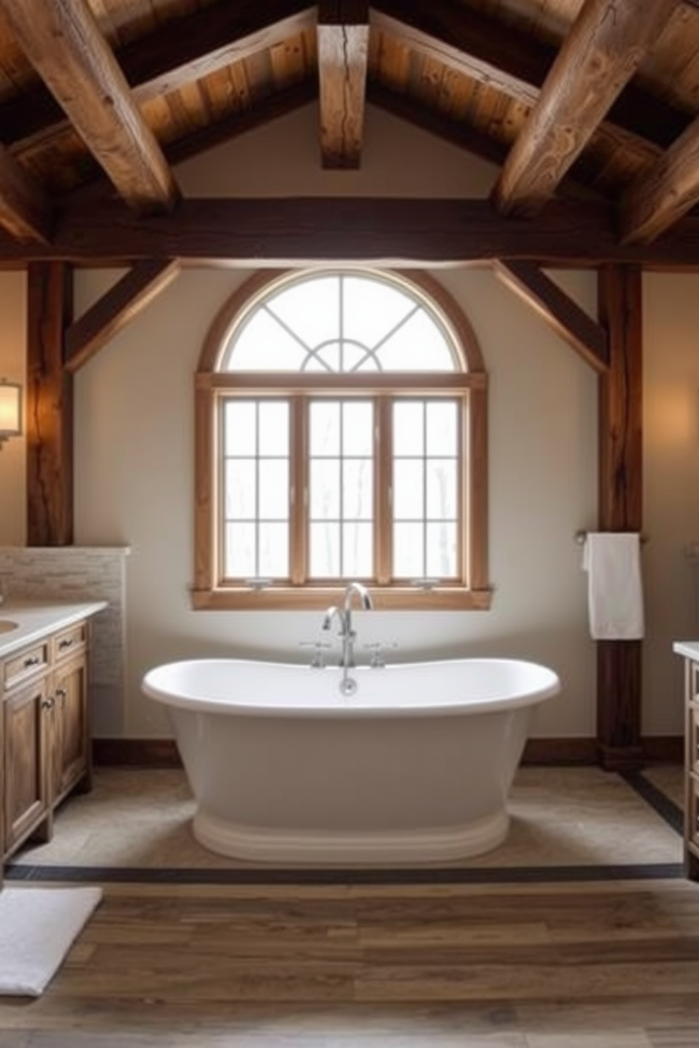 A transitional bathroom design featuring rustic wood beams that add a charming touch to the overall aesthetic. The space includes a freestanding soaking tub positioned beneath a large window, allowing natural light to flood in and highlight the warm wood tones.