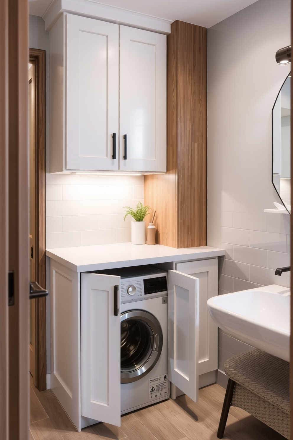 A stylish laundry nook is seamlessly integrated into the bathroom space, featuring a compact washer and dryer tucked beneath a sleek countertop. The cabinetry is finished in a soft white tone, providing ample storage while maintaining an airy feel. The walls are adorned with light gray tiles that complement the warm wood accents throughout the space. A small potted plant adds a touch of greenery, enhancing the inviting atmosphere of this transitional bathroom design.