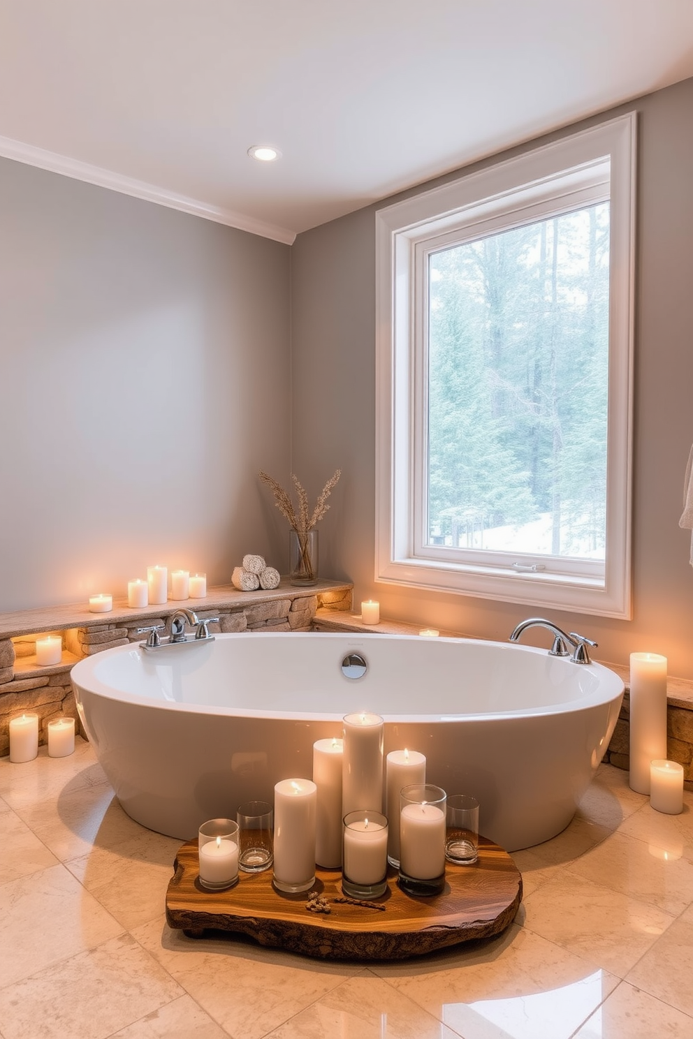 Luxurious spa-like ambiance with candles. The bathroom features a freestanding soaking tub surrounded by soft, ambient lighting and an arrangement of scented candles on a wooden tray. The walls are painted in a calming light gray tone, complemented by natural stone accents. A large window allows natural light to flood the space, enhancing the serene atmosphere.