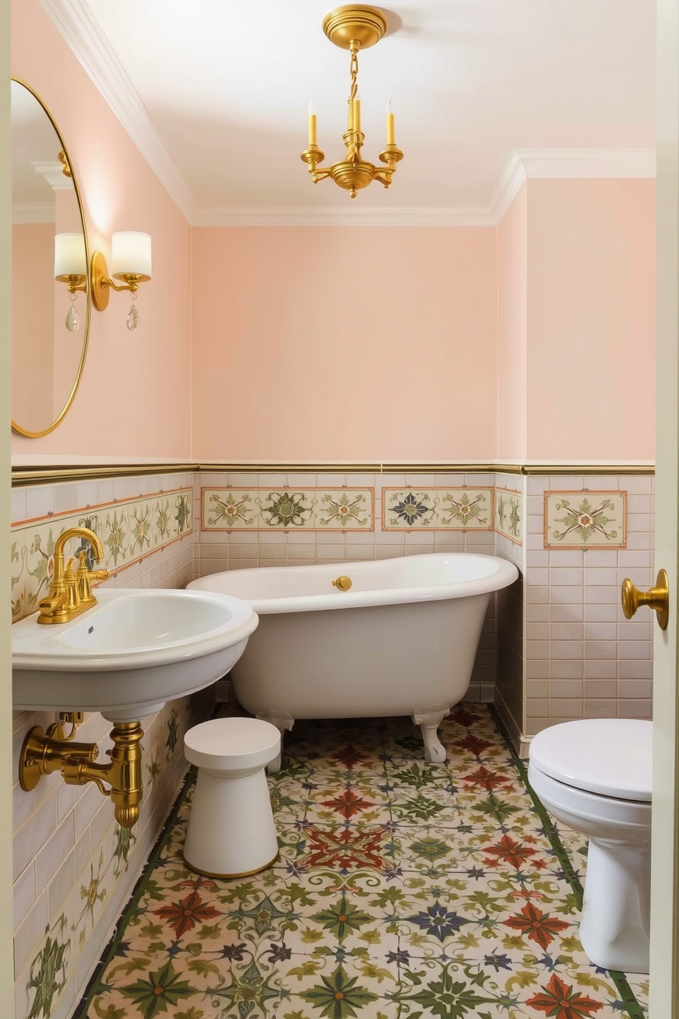 A vintage-inspired bathroom featuring intricate tile patterns that evoke a sense of charm. The walls are adorned with soft pastel colors, creating a warm and inviting atmosphere. The flooring showcases a mix of classic and contemporary tile designs that blend seamlessly. Elegant fixtures in polished brass add a touch of sophistication to the overall aesthetic.