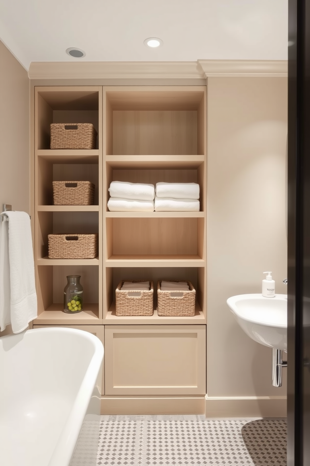 A sleek transitional bathroom features built-in shelves that blend seamlessly with the surrounding decor. The shelves are crafted from light wood and are adorned with neatly arranged towels and decorative baskets for modern storage solutions.