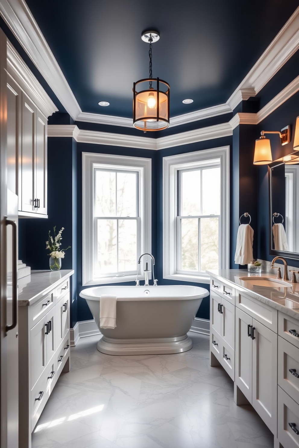 A serene transitional bathroom featuring a freestanding tub centered beneath a large window that allows natural light to flood the space. The walls are painted in a soft gray, complemented by brushed nickel fixtures and a floating vanity with a white quartz countertop. Incorporate a large walk-in shower with glass doors and a rainfall showerhead for a luxurious touch. Accessorize with simple greenery and plush towels in neutral tones to maintain a clean and minimalist aesthetic.